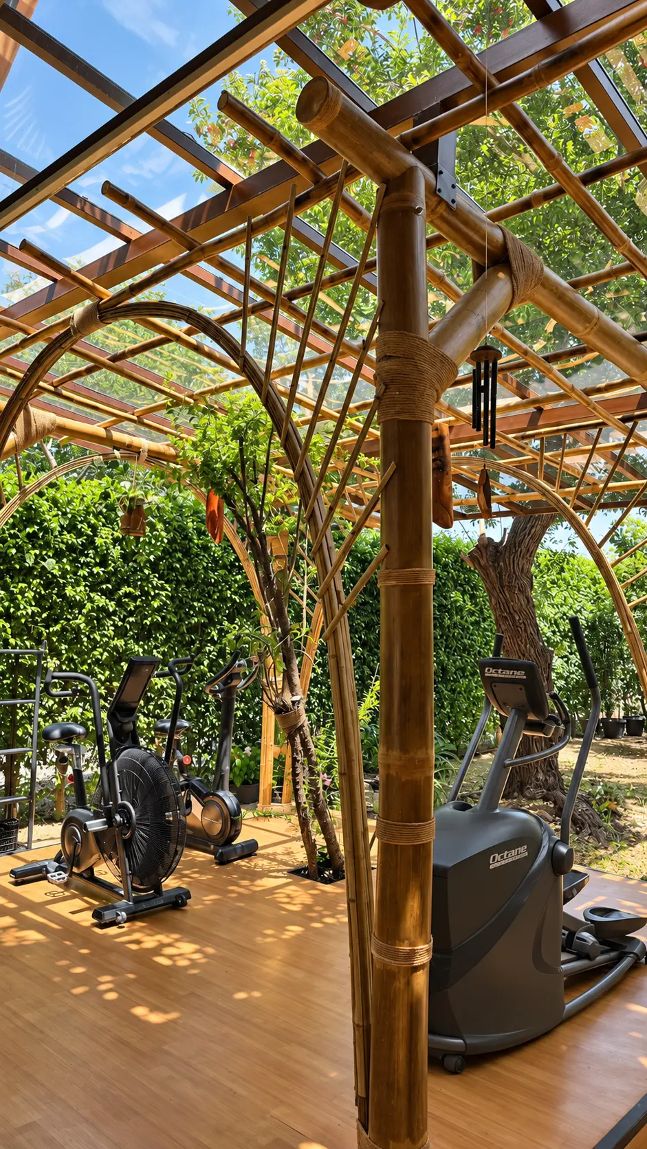 Área de cardio ao ar livre sob pergolado de bambu