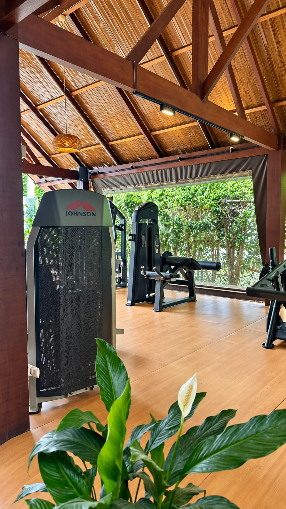 Equipamentos de musculação com vista para o verde